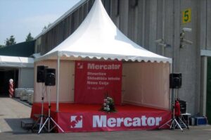 OPENINGS: Pagoda tent in combination with mini performance stage.